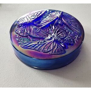 Fenton Art Glass The Verlys Mould Butterfly Covered Dish Blue Iridescent